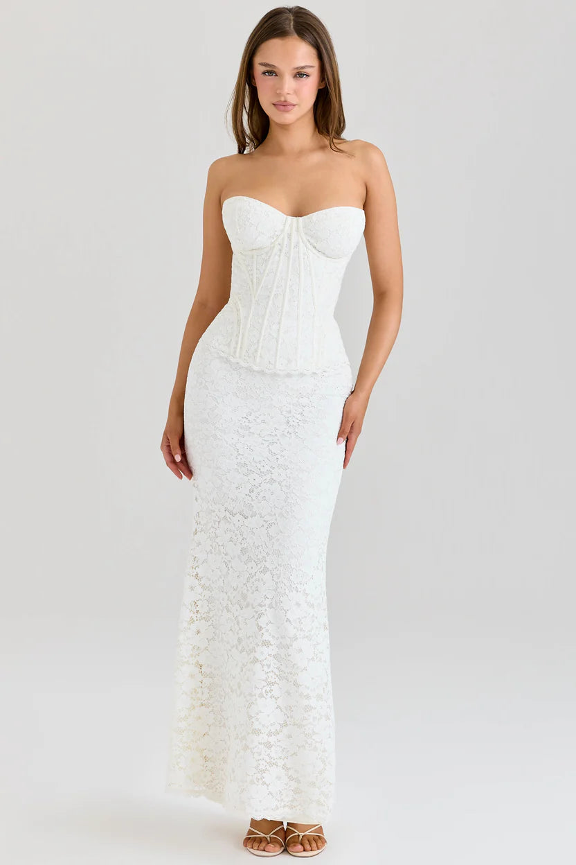 Ivory Corset Lace Strapless Gown